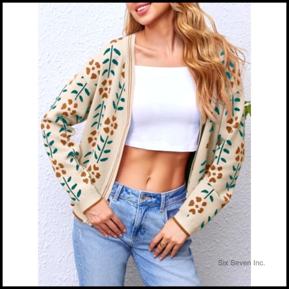 Floral Print V-Neck Cardigan Open Front Button Down Knit Sweater Long Sleeve - Picture 6 of 7